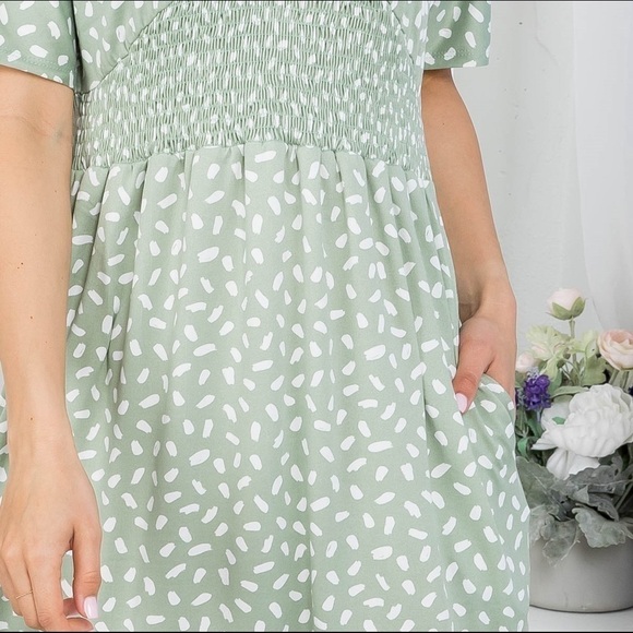 Perfect Peach Mini Smock Dress in Sage Green Dot - Picture 3 of 10